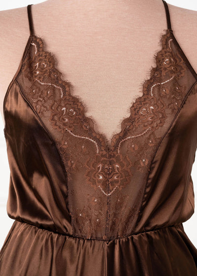 Lacy Plunge Satin Scalloped Romper - Chocolate