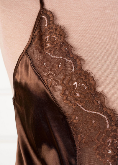 Lacy Plunge Satin Scalloped Romper - Chocolate