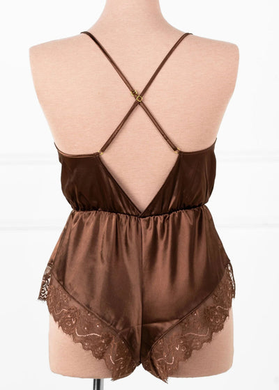 Lacy Plunge Satin Scalloped Romper - Chocolate