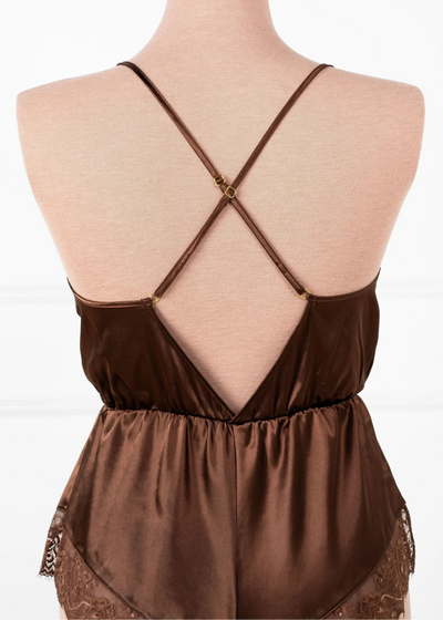 Lacy Plunge Satin Scalloped Romper - Chocolate