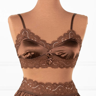 Lacy Satin Keyhole Bralette - Chocolate