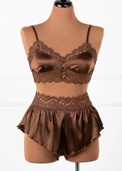Lacy Satin Keyhole Bralette - Chocolate