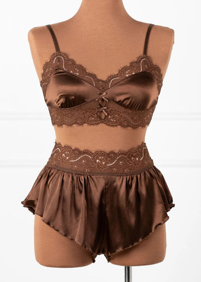 High Waist Lacy Satin Tap Shorts - Chocolate