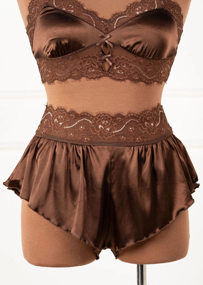 High Waist Lacy Satin Tap Shorts - Chocolate