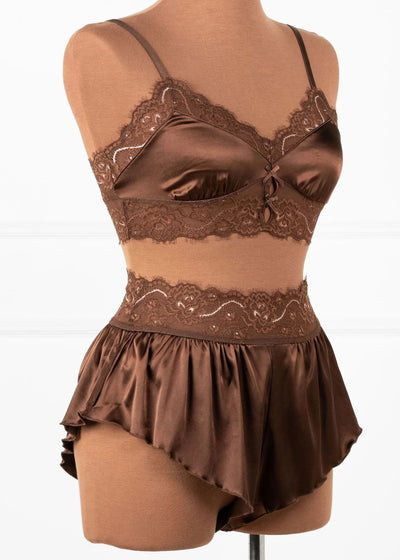 High Waist Lacy Satin Tap Shorts - Chocolate
