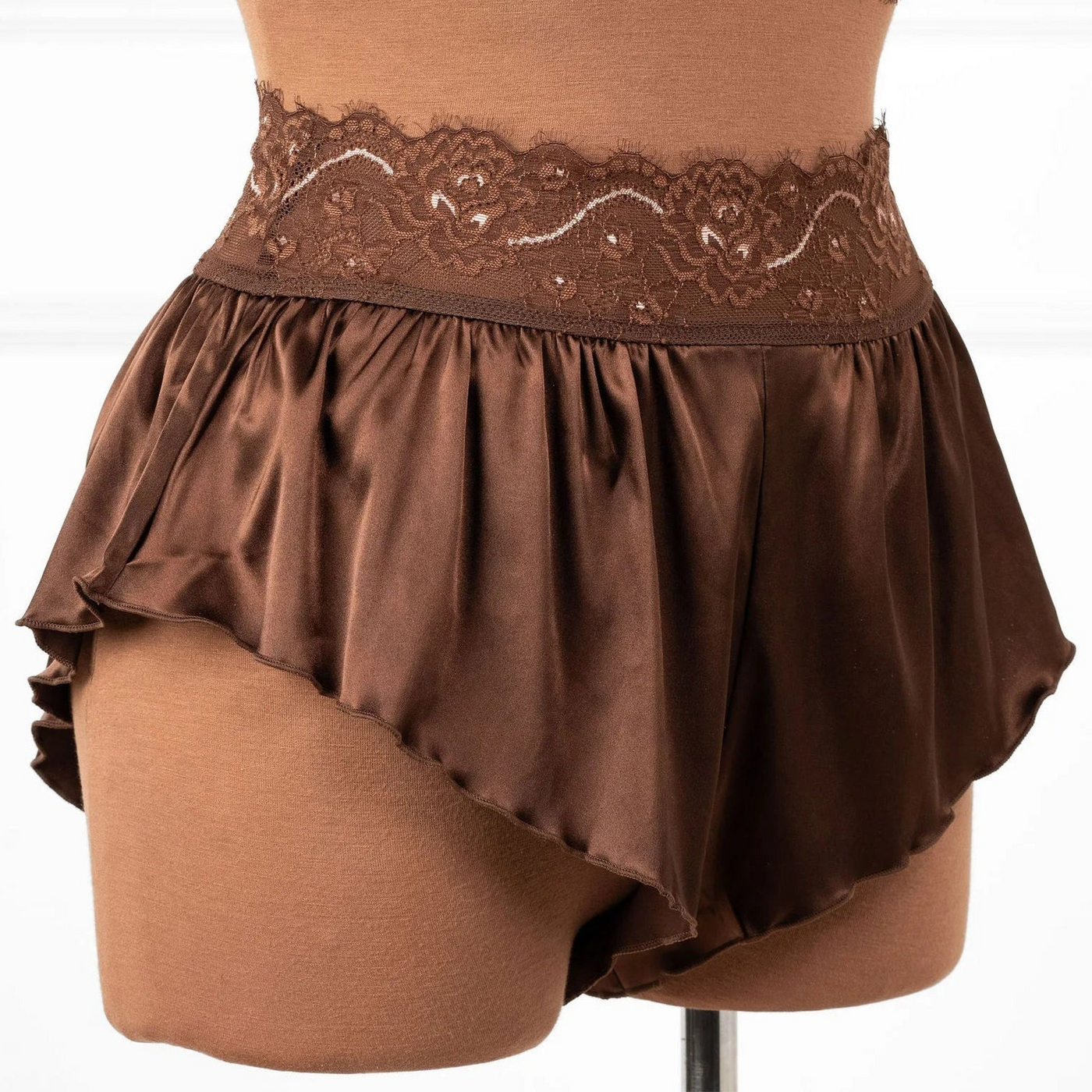 High Waist Lacy Satin Tap Shorts - Chocolate