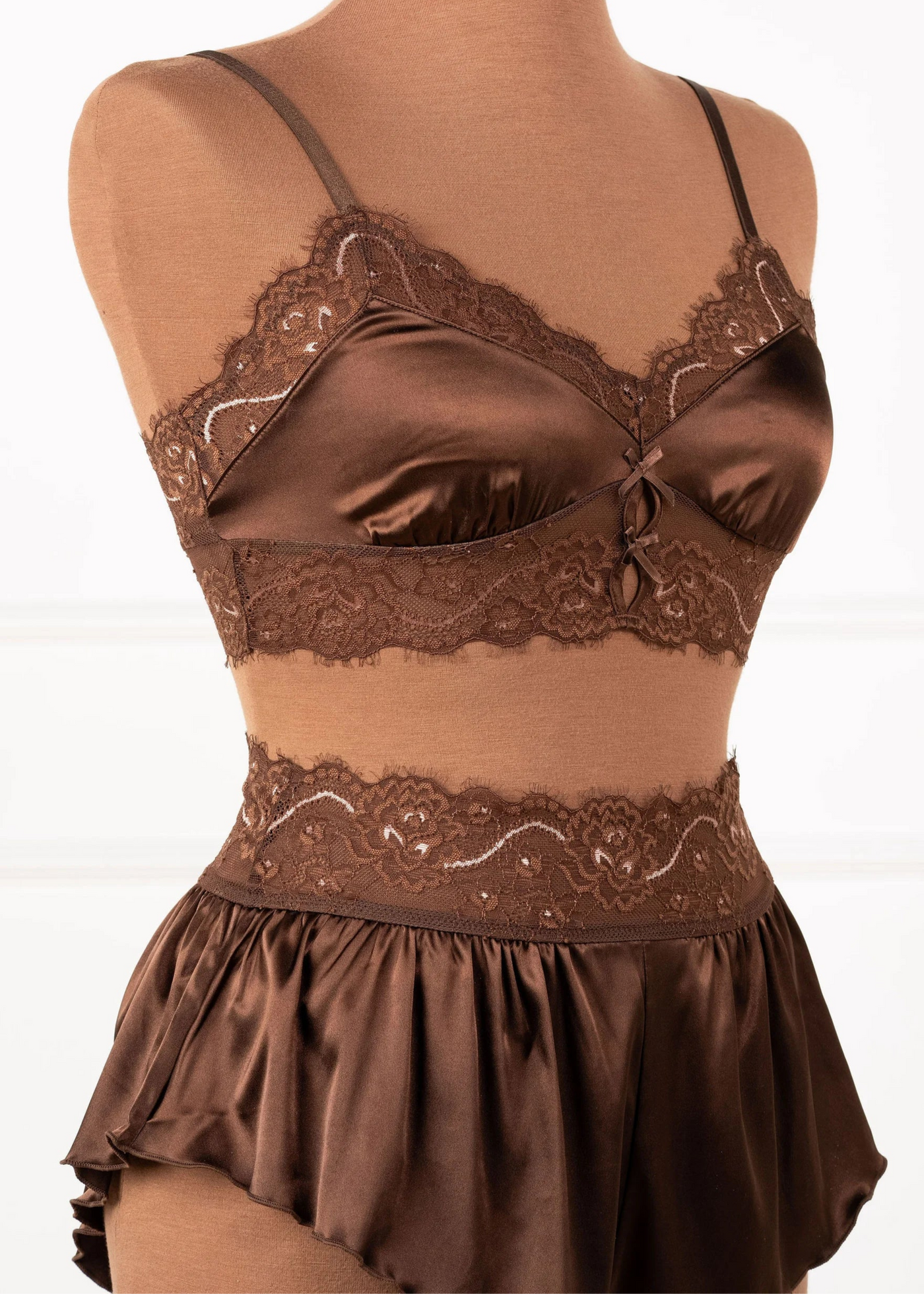 High Waist Lacy Satin Tap Shorts - Chocolate