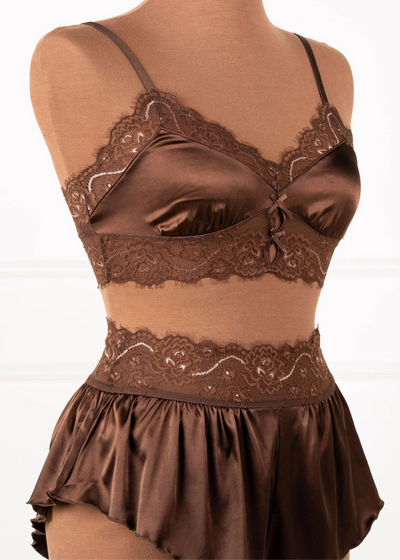 High Waist Lacy Satin Tap Shorts - Chocolate