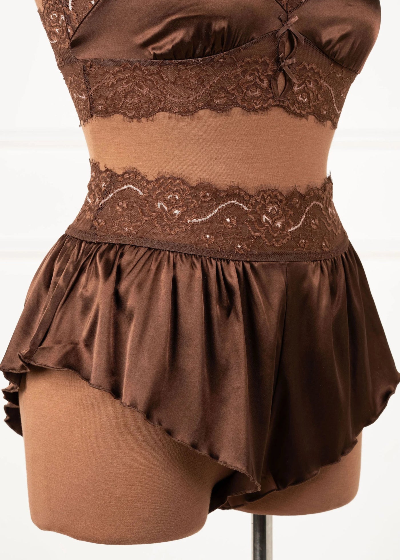 High Waist Lacy Satin Tap Shorts - Chocolate