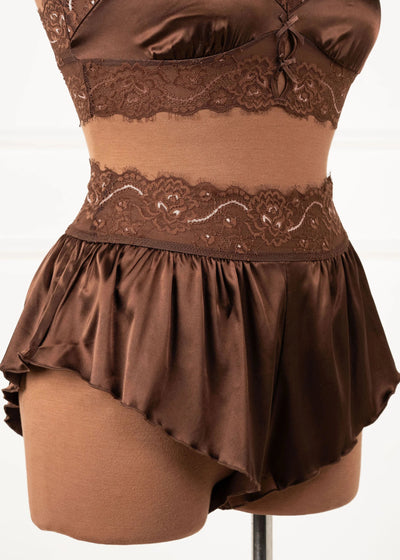 High Waist Lacy Satin Tap Shorts - Chocolate