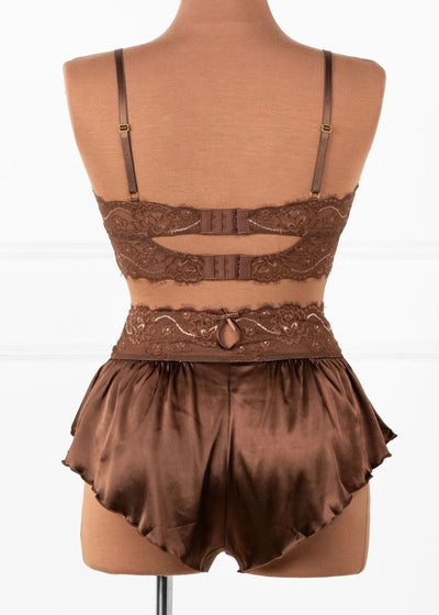 High Waist Lacy Satin Tap Shorts - Chocolate