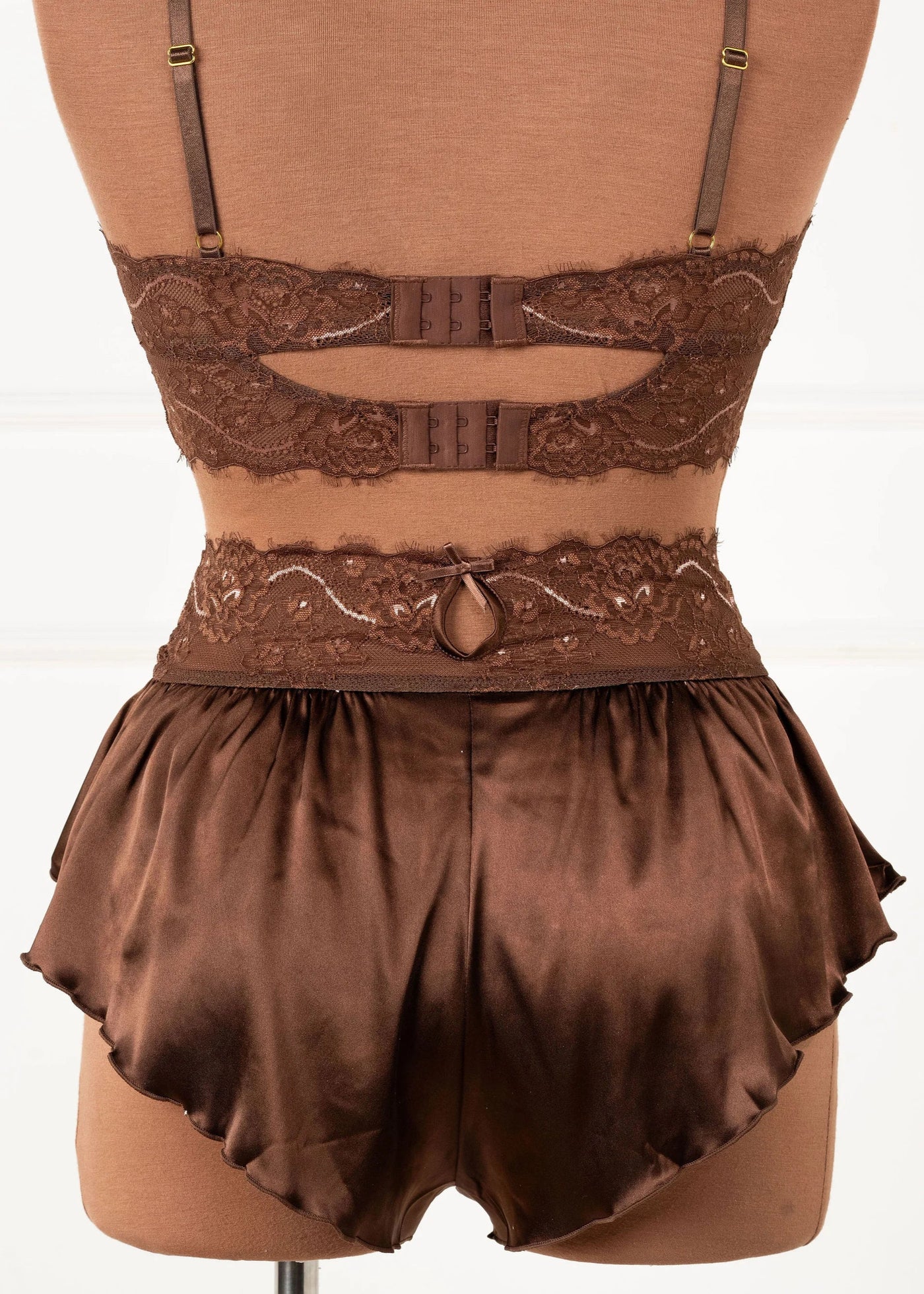 High Waist Lacy Satin Tap Shorts - Chocolate
