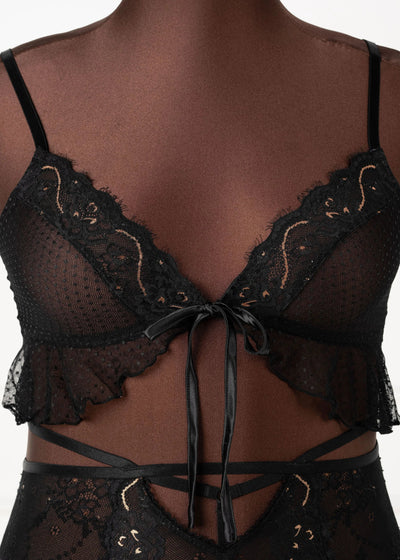 Lace & Mesh Ruffle Bralette - Black