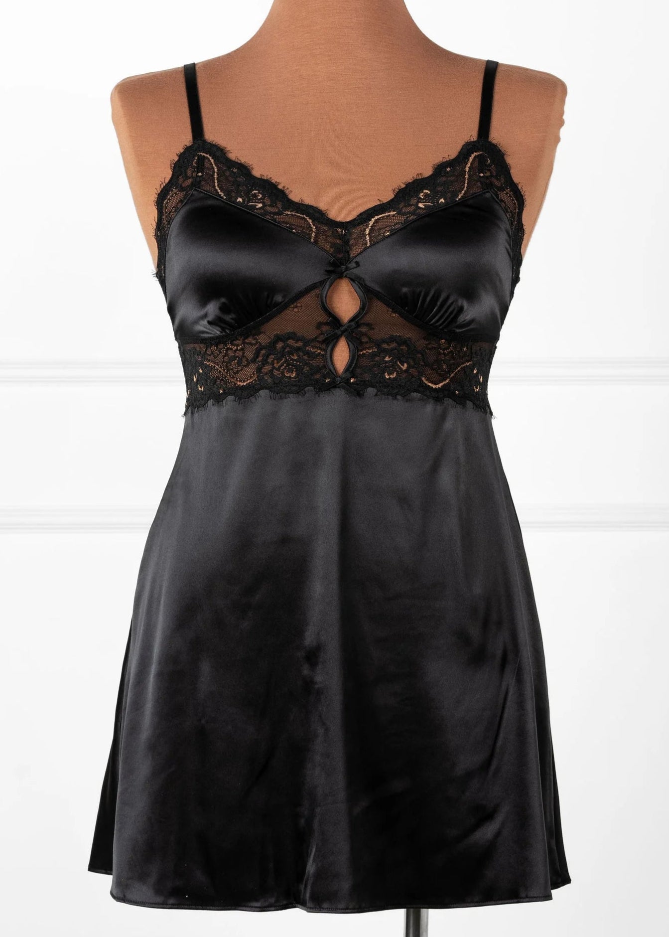 Satin & Eyelash Lace Two Toned Slip - Black