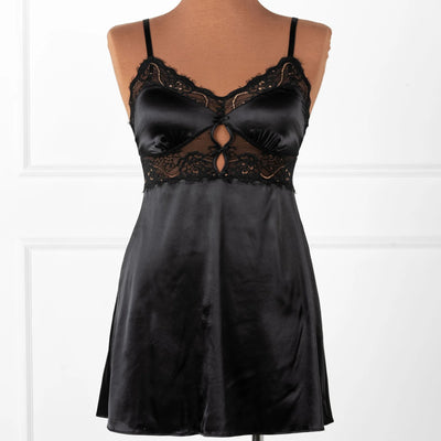 Satin & Eyelash Lace Two Toned Slip - Black