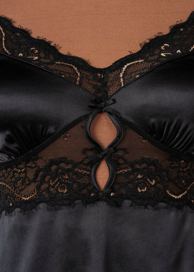 Satin & Eyelash Lace Two Toned Slip - Black