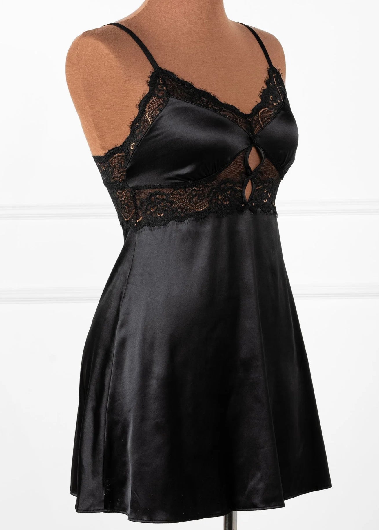Satin & Eyelash Lace Two Toned Slip - Black