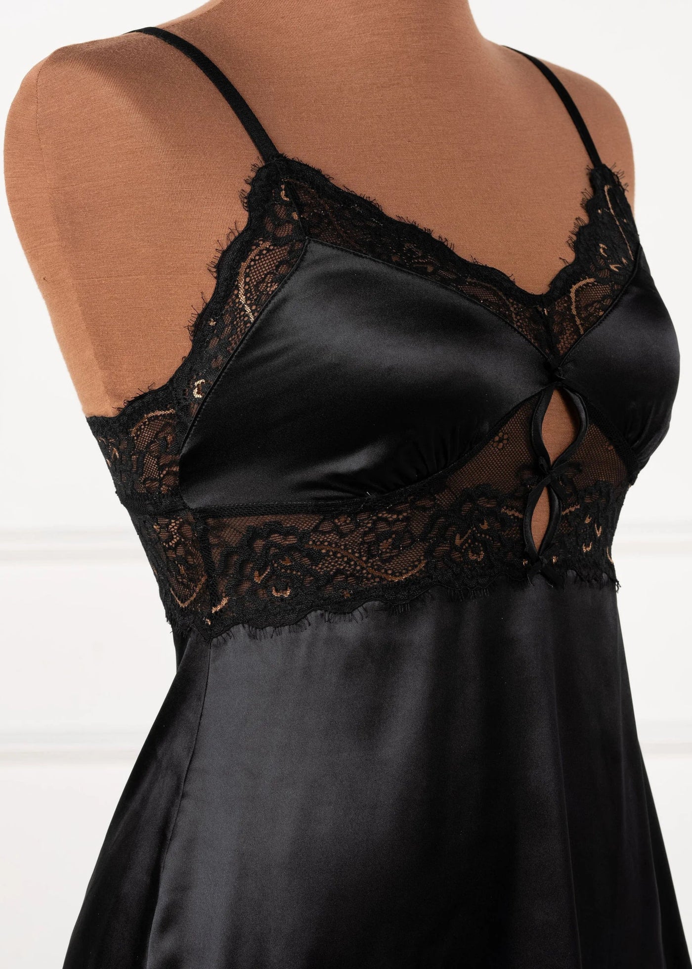 Satin & Eyelash Lace Two Toned Slip - Black