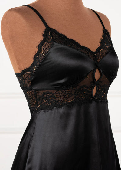 Satin & Eyelash Lace Two Toned Slip - Black