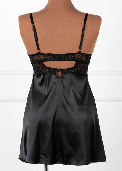 Satin & Eyelash Lace Two Toned Slip - Black