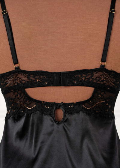 Satin & Eyelash Lace Two Toned Slip - Black