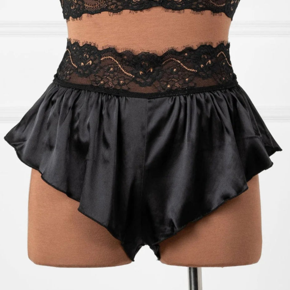 High Waist Lacy Satin Tap Two-Toned Shorts - Black