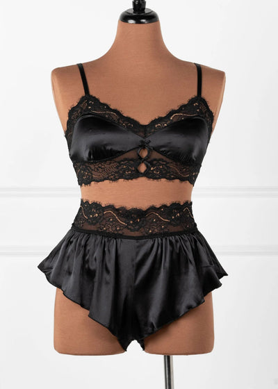 High Waist Lacy Satin Tap Two-Toned Shorts - Black