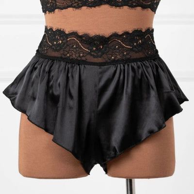 High Waist Lacy Satin Tap Two-Toned Shorts - Black