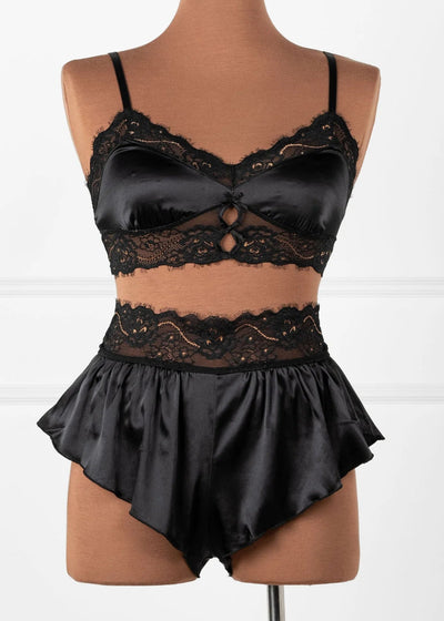 Lacy Satin Keyhole Two-Toned Bralette - Black