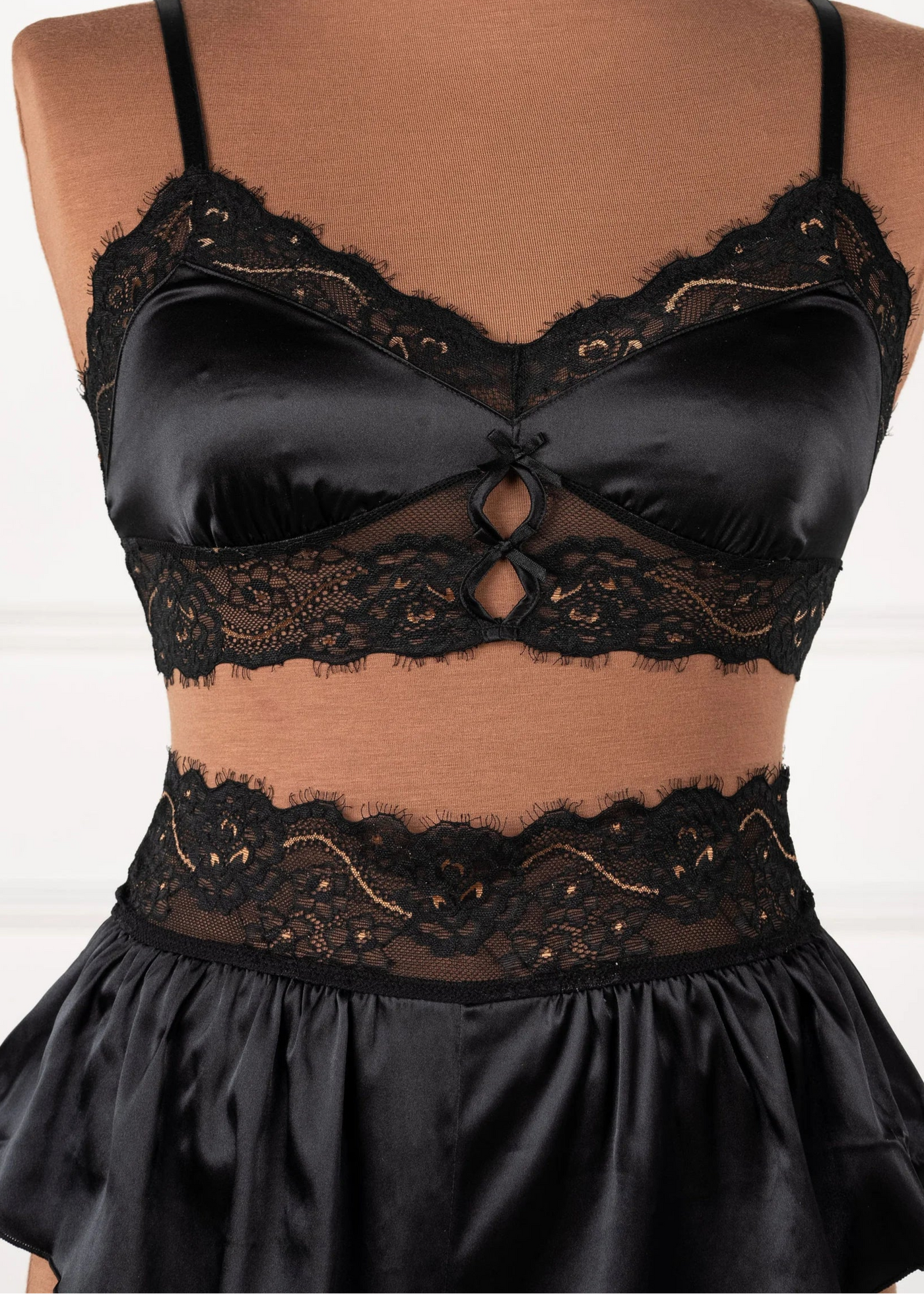 High Waist Lacy Satin Tap Two-Toned Shorts - Black