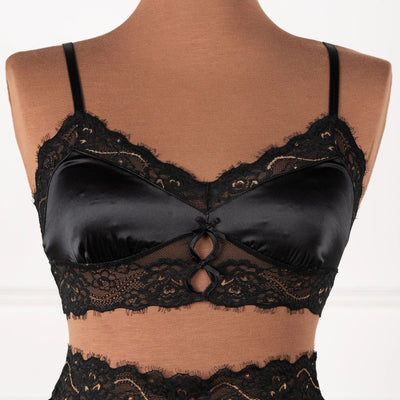 Lacy Satin Keyhole Two-Toned Bralette - Black