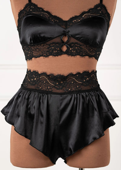 High Waist Lacy Satin Tap Two-Toned Shorts - Black