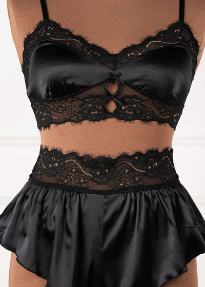 Lacy Satin Keyhole Two-Toned Bralette - Black