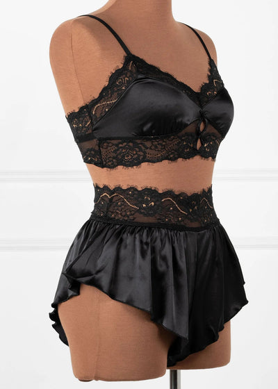 Lacy Satin Keyhole Two-Toned Bralette - Black