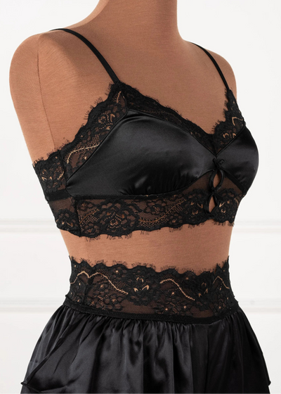 Lacy Satin Keyhole Two-Toned Bralette - Black