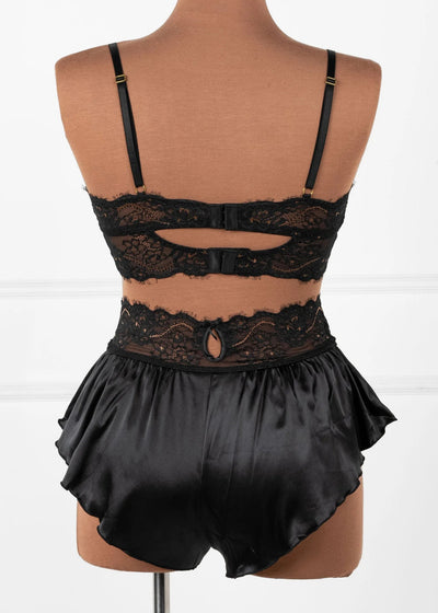 High Waist Lacy Satin Tap Two-Toned Shorts - Black