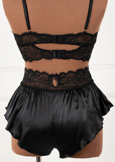 High Waist Lacy Satin Tap Two-Toned Shorts - Black