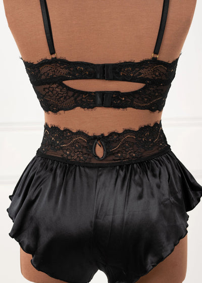 Lacy Satin Keyhole Two-Toned Bralette - Black