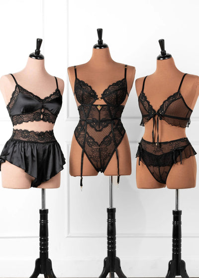 Lacy Satin Keyhole Two-Toned Bralette - Black