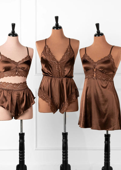 Satin & Eyelash Lace Slip - Chocolate