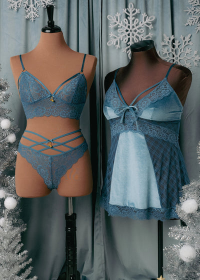 Lace & Velvet Strappy Babydoll - Retro Blue