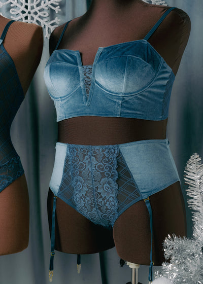 High Waist Velvet Crotchless Garter Panty - Retro Blue