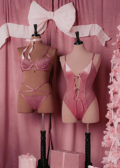 Lace & Velvet Crotchless Teddy - Sugarplum Pink