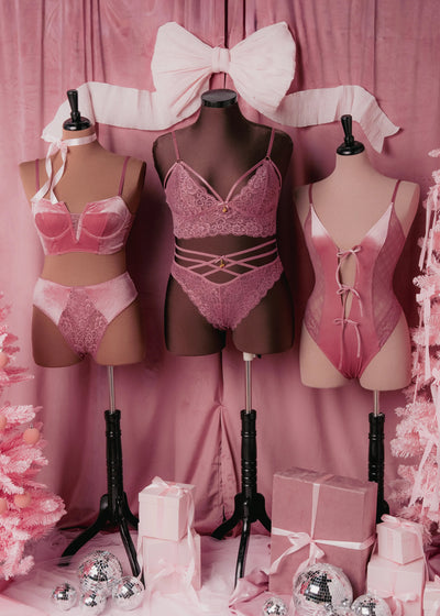 Lace & Velvet Crotchless Hipster Panty - Sugarplum Pink