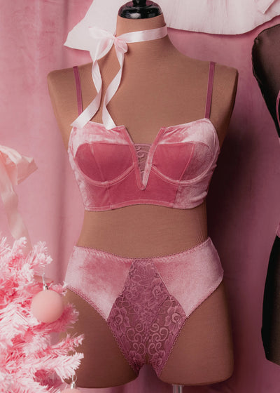 Lace & Velvet Crotchless Hipster Panty - Sugarplum Pink