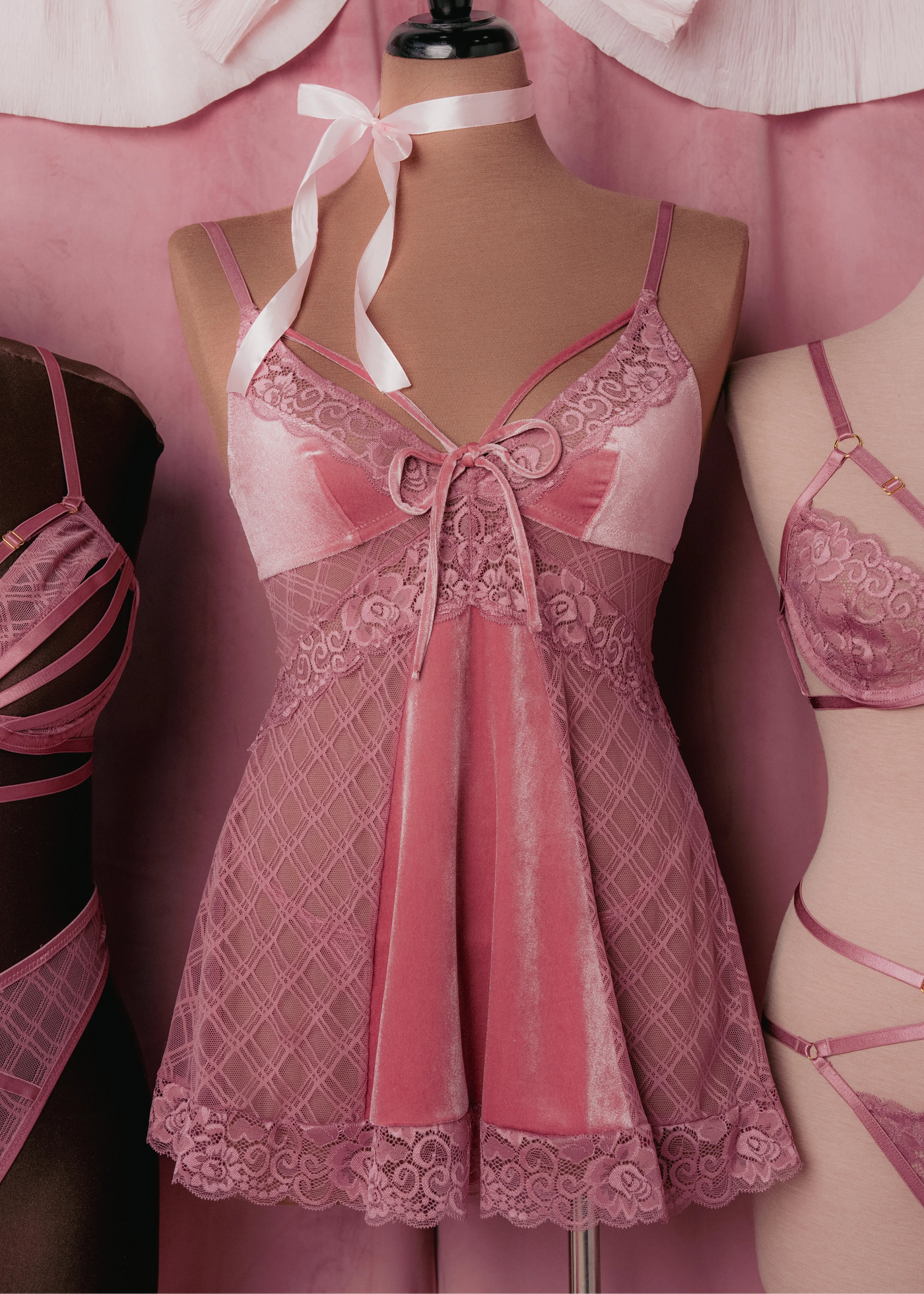 Lace & Velvet Strappy Babydoll - Sugarplum Pink