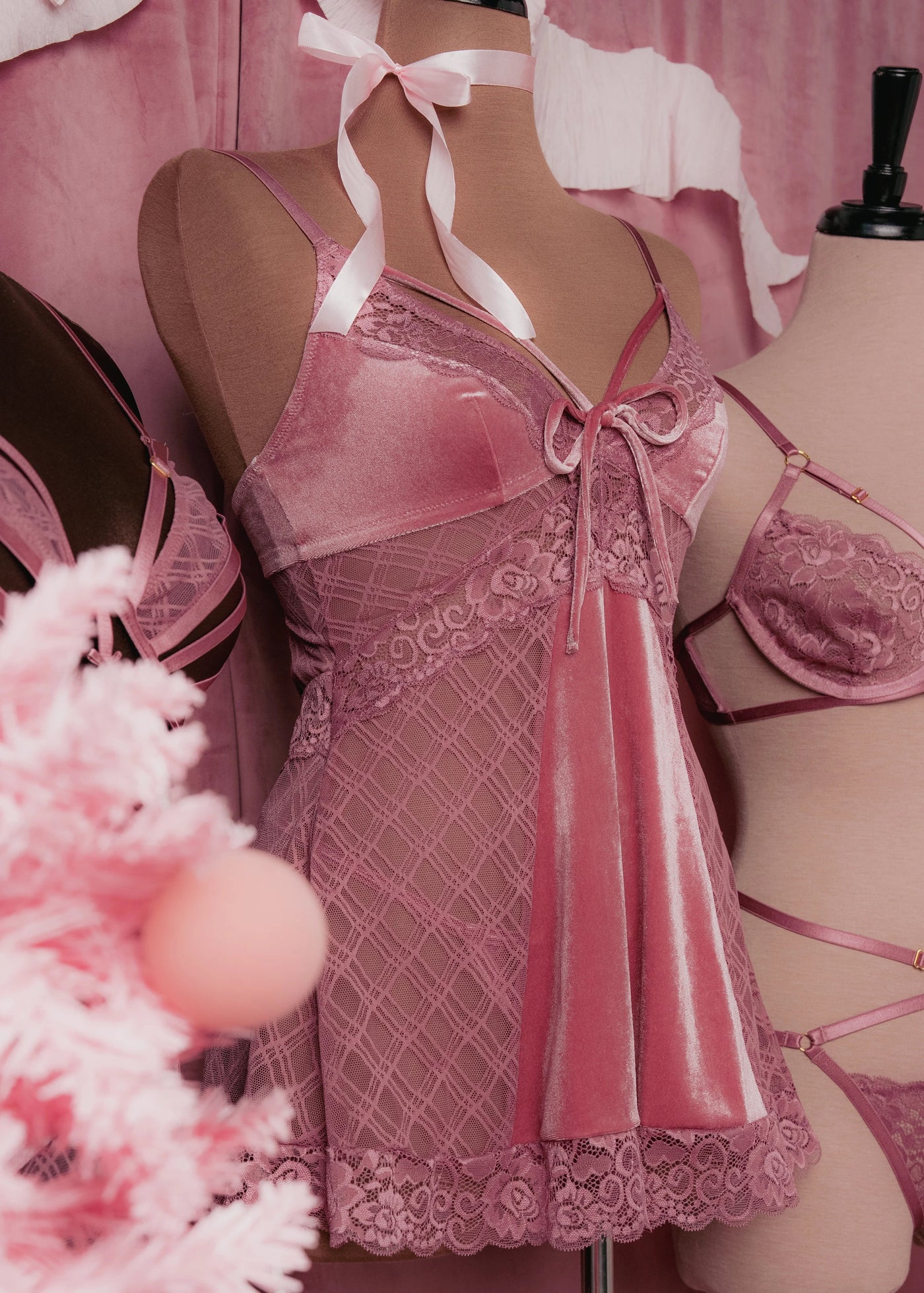 Lace & Velvet Strappy Babydoll - Sugarplum Pink