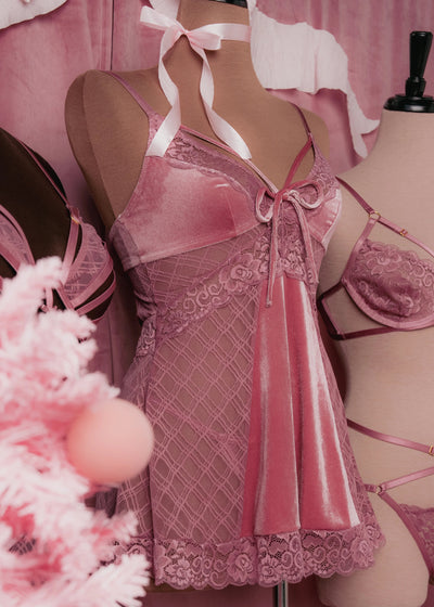 Lace & Velvet Strappy Babydoll - Sugarplum Pink