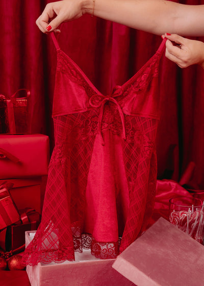 Lace & Velvet Strappy Babydoll - Red