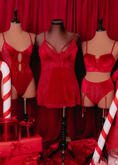 Lace & Velvet Strappy Babydoll - Red